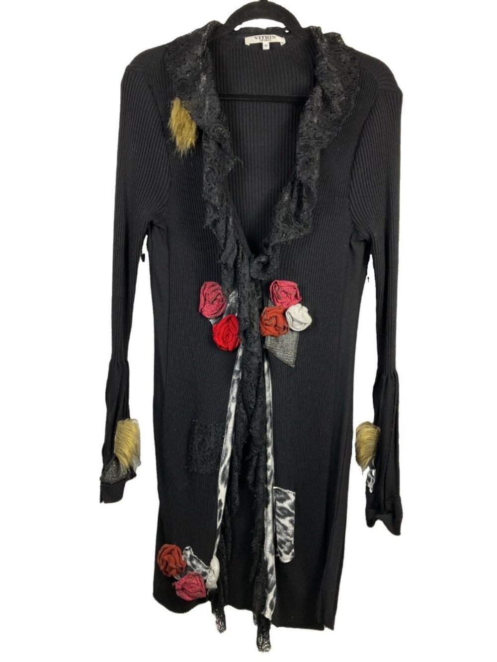 M Y2k Vitrin Ribbed Cardigan Lace Collar Flower Romantic Cardi Coat Goth